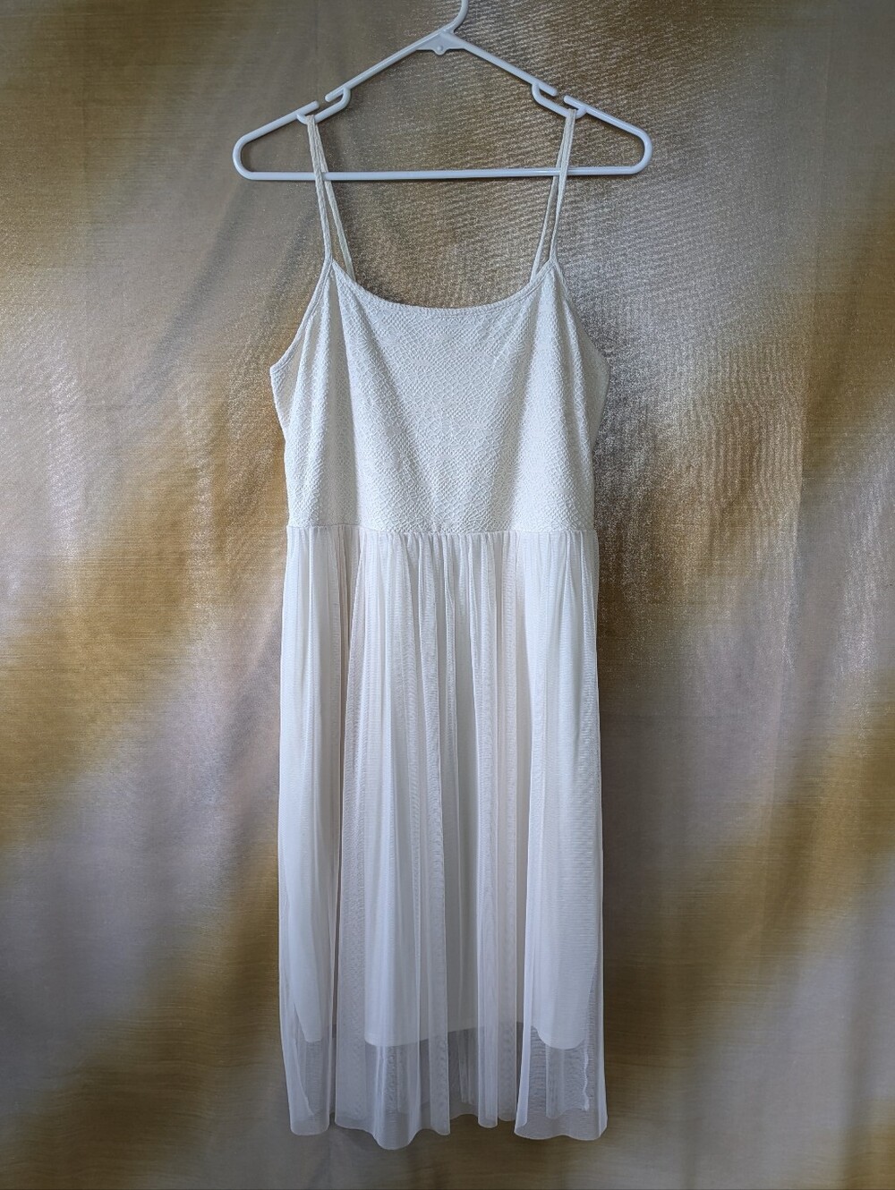 -Ivory Textured Bodice Tulle Midi Dress Size Large Sheer Mesh